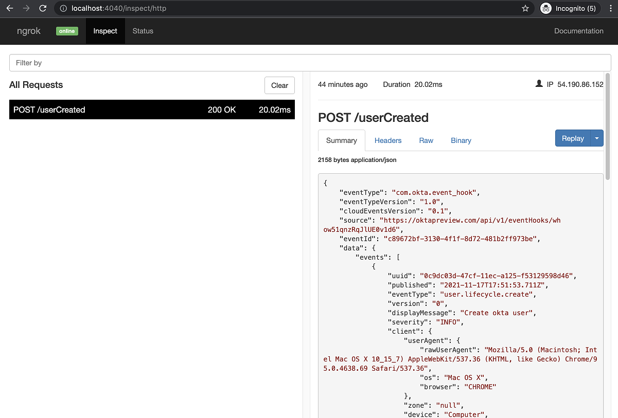 An image of the ngrok inspection interface that includes details of a call.