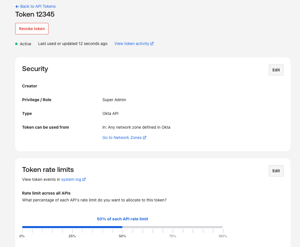 This image displays the location in the Admin Console that configures rate limits by token using a slide-bar percentage.